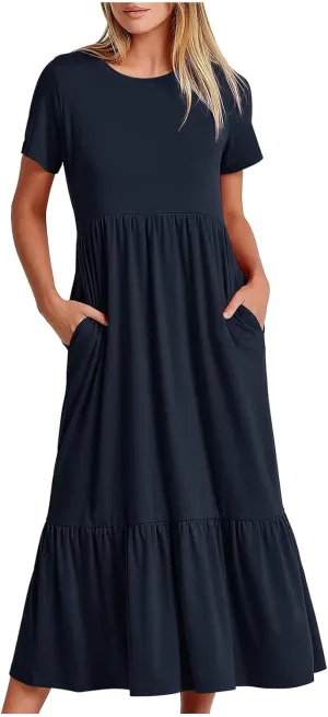 Short Sleeve Shirt Dresses for Women Dressy 2023 Casual Loose Ruffle Flowy Maxi Long Dress with Pockets