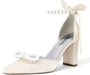 ShowHow Women's Pearl Wedding Shoes for Bride Closed Toe Heels Chunky Block Dress Heels Pointed Toe Rhinestone Pearl Ankle Strap Heels for Bridesmaid Prom Wedding Party Work