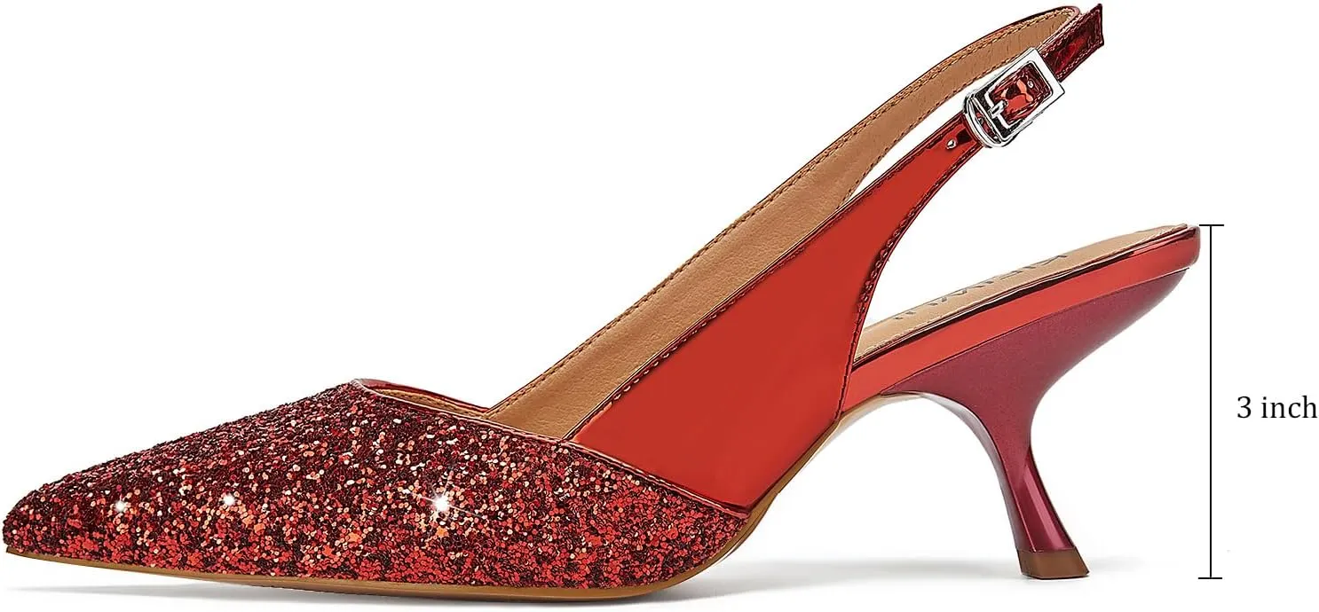 Slingback Kitten Heels for Women Closed Pointed Toe Low Heel Pumps Glitter Sparkly Rhinestone Heels