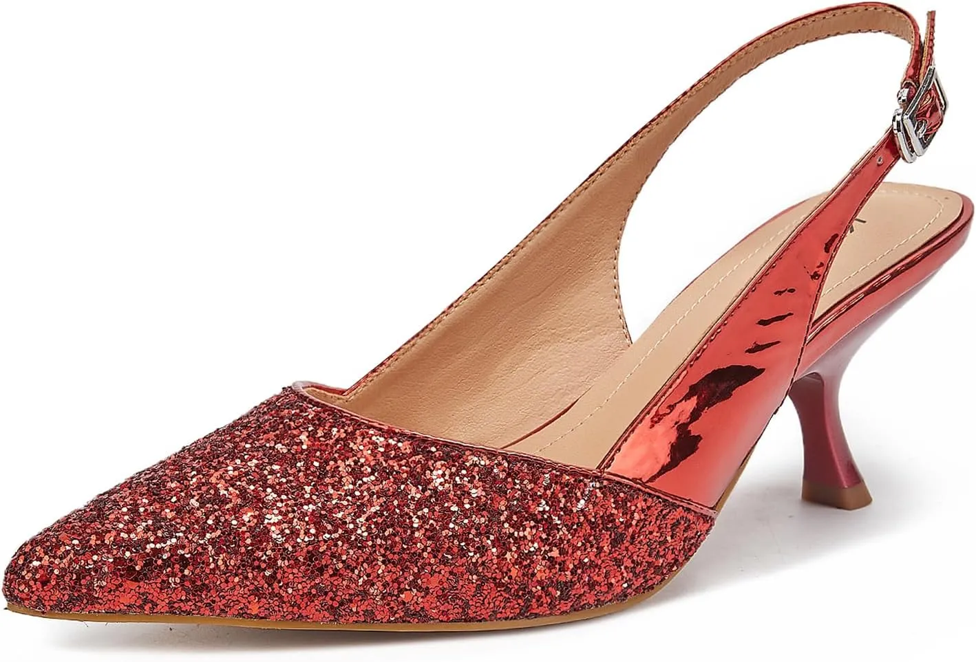 Slingback Kitten Heels for Women Closed Pointed Toe Low Heel Pumps Glitter Sparkly Rhinestone Heels