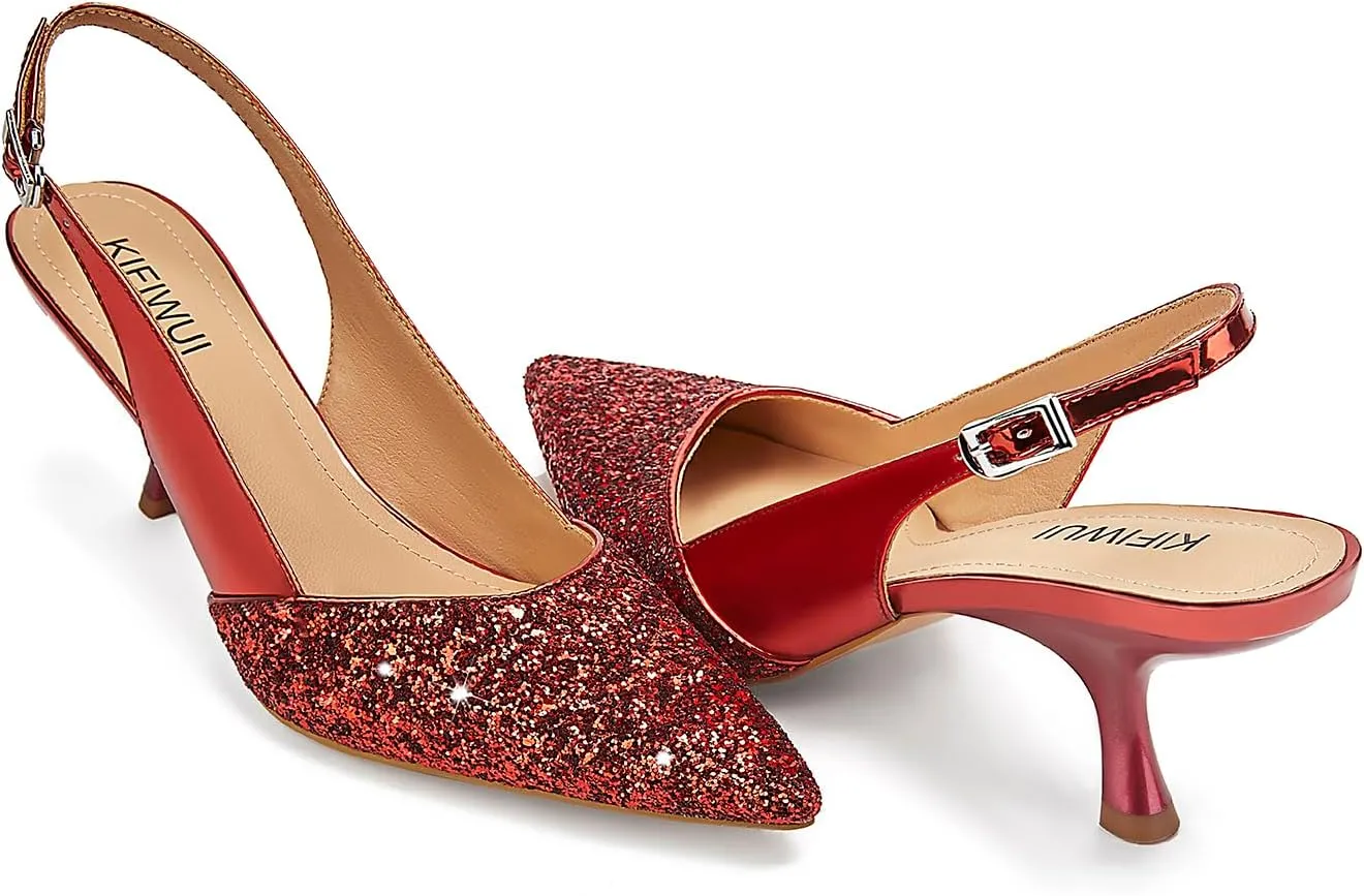 Slingback Kitten Heels for Women Closed Pointed Toe Low Heel Pumps Glitter Sparkly Rhinestone Heels