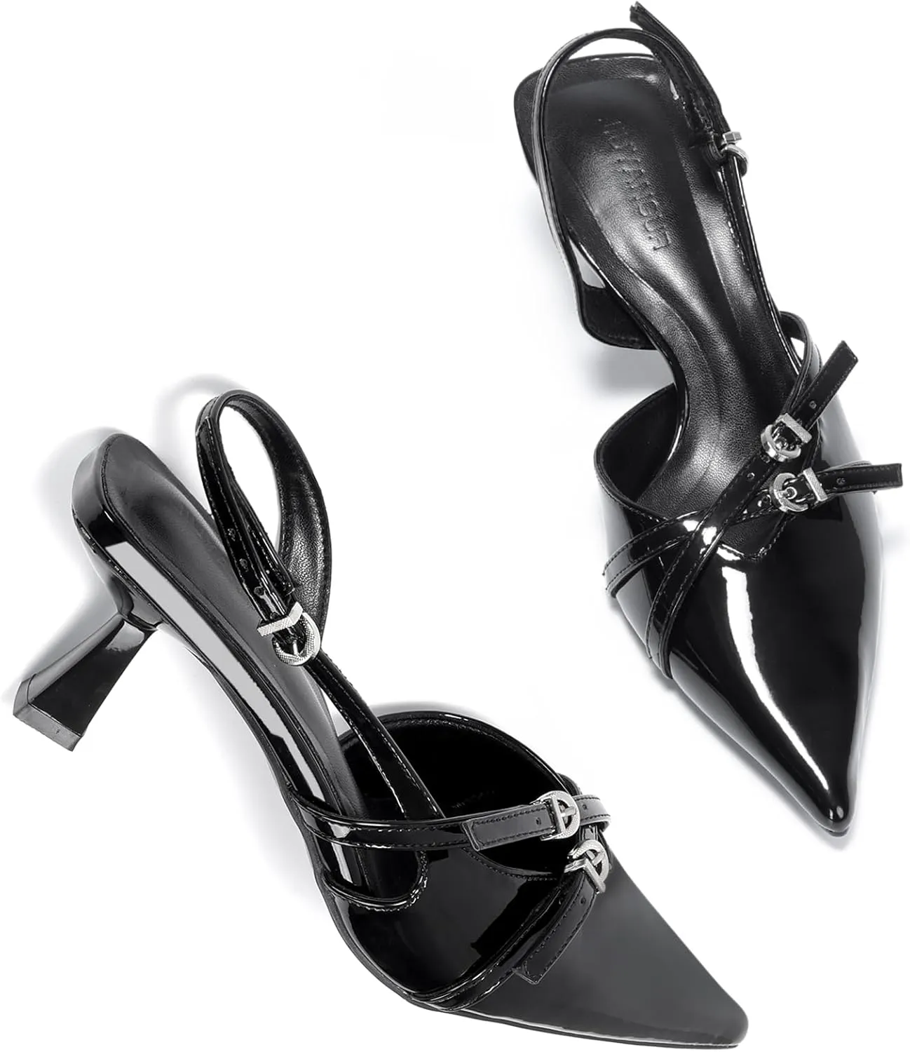 Slingback Kitten Heels for Women Closed Pointed Toe Pumps Buckle Strappy sandals Patent Leather Low Heel Wedding Office