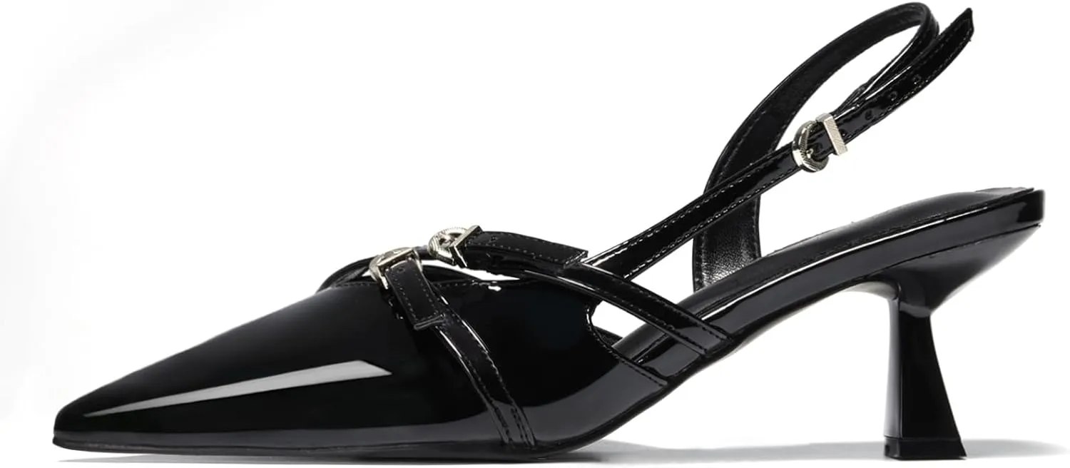 Slingback Kitten Heels for Women Closed Pointed Toe Pumps Buckle Strappy sandals Patent Leather Low Heel Wedding Office