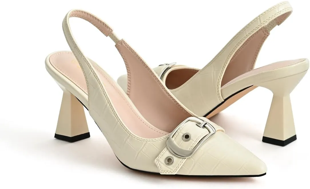 Slingback Kitten Heels for Women Closed Pointed Toe Pumps Dress Shoes with Buckle Strap Comfortable Slip On Sandal Heels for Work Party Wedding