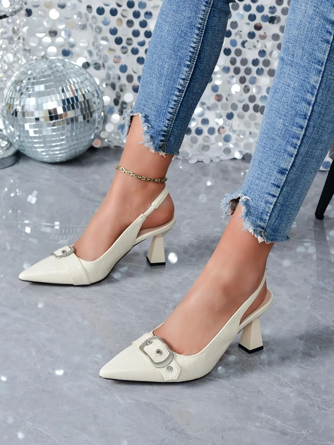 Slingback Kitten Heels for Women Closed Pointed Toe Pumps Dress Shoes with Buckle Strap Comfortable Slip On Sandal Heels for Work Party Wedding