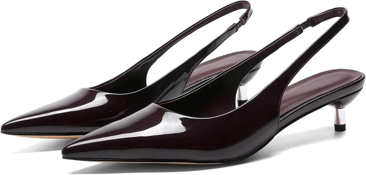 Slingback Kitten Heels for Women Pointed Toe Pumps Metallic Silver Heels