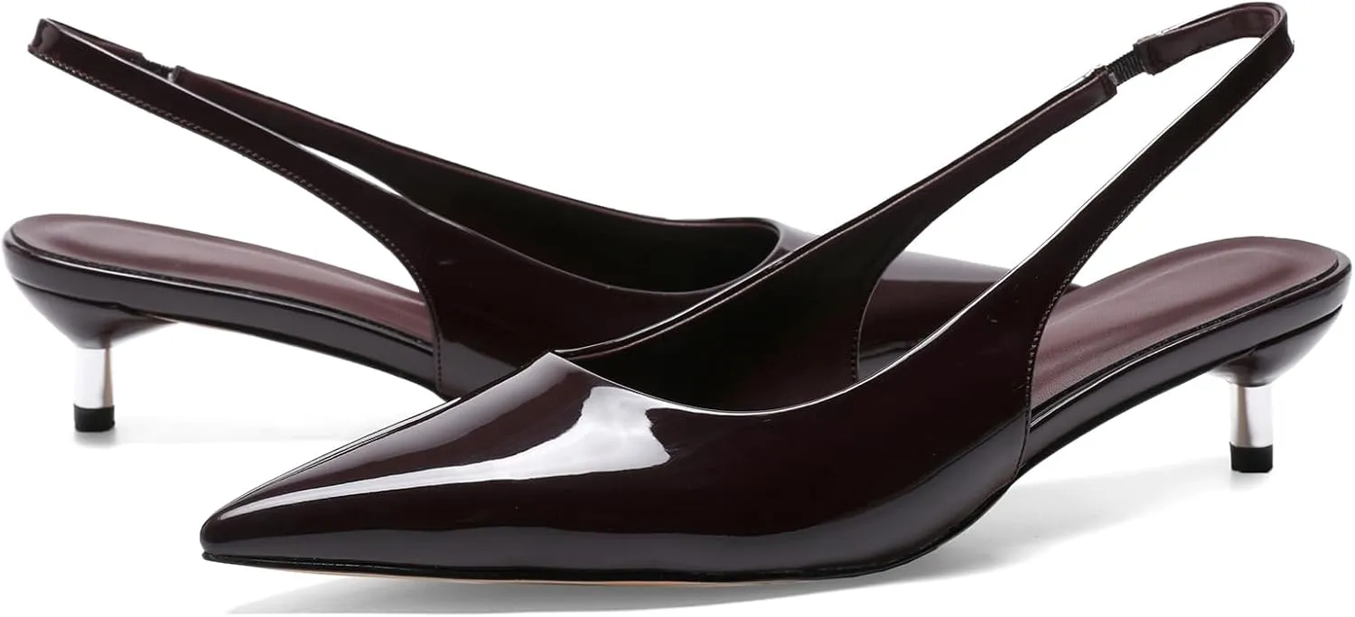Slingback Kitten Heels for Women Pointed Toe Pumps Metallic Silver Heels
