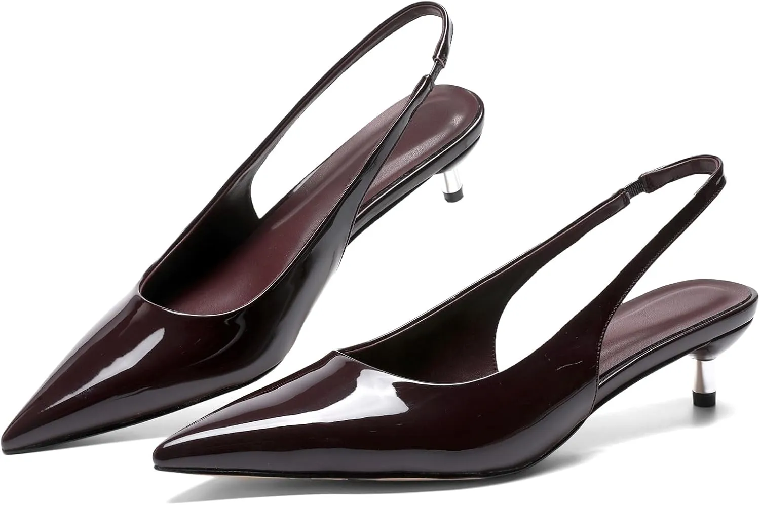 Slingback Kitten Heels for Women Pointed Toe Pumps Metallic Silver Heels