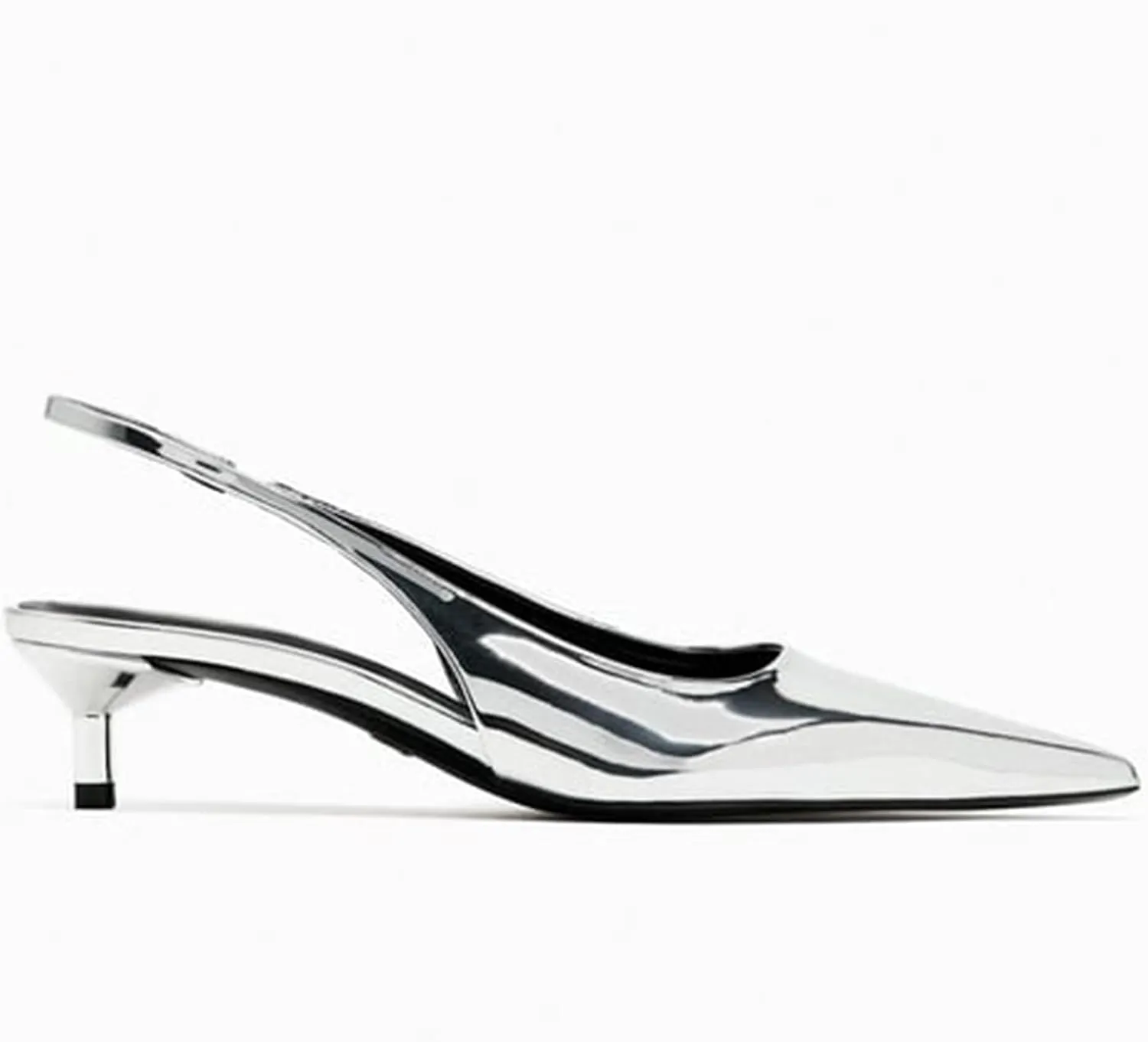 Slingback Kitten Heels for Women Pointed Toe Pumps Metallic Silver Heels