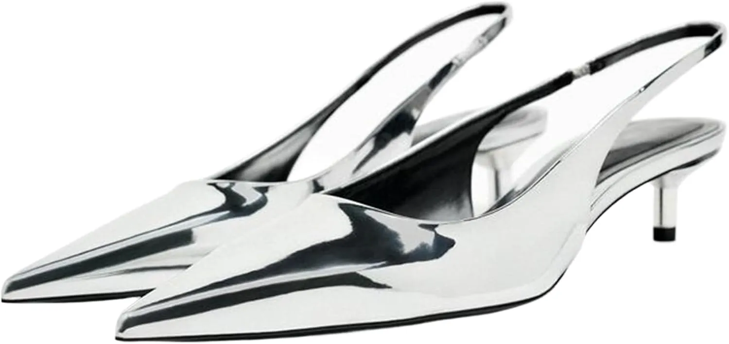 Slingback Kitten Heels for Women Pointed Toe Pumps Metallic Silver Heels