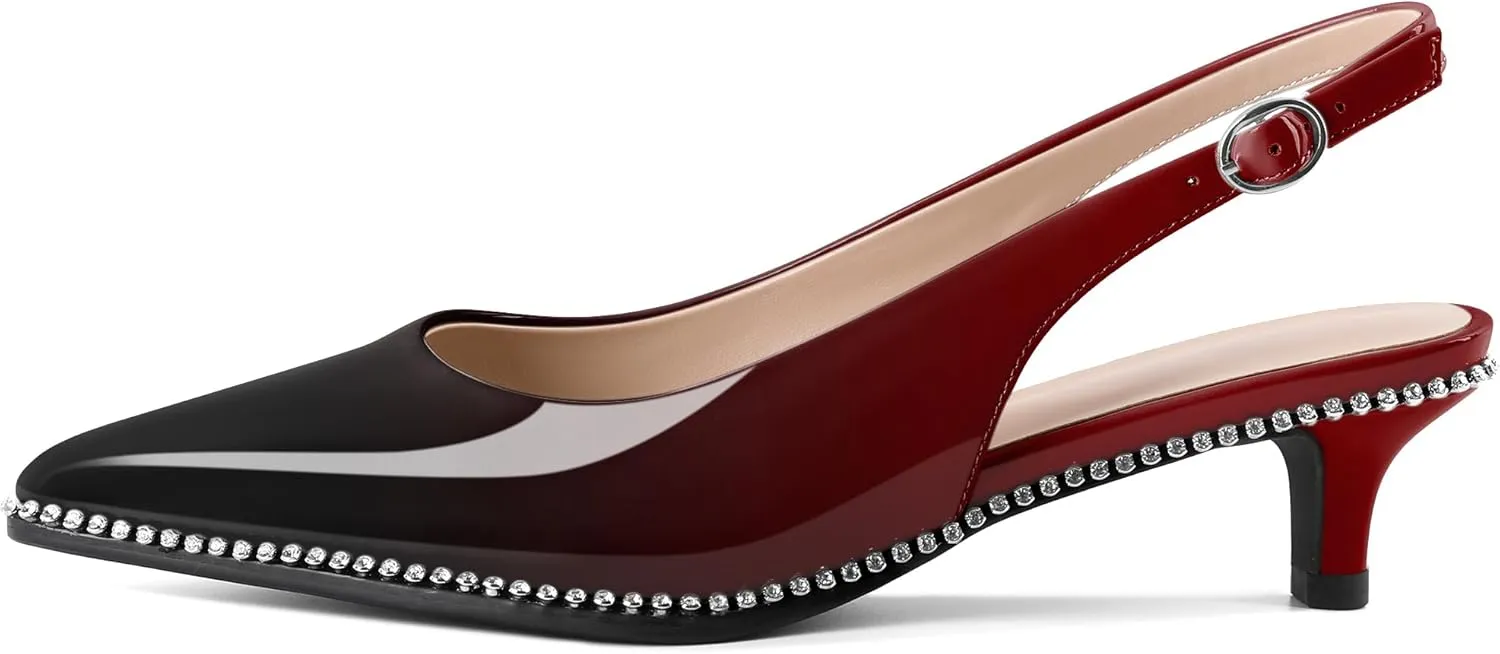 Slingback Low Heels Women Kitten Heel Rhinestones Beaded Pumps Closed Pointd Toe Shoes Slip On Event Party 1.5 Inch Dressy Sandals