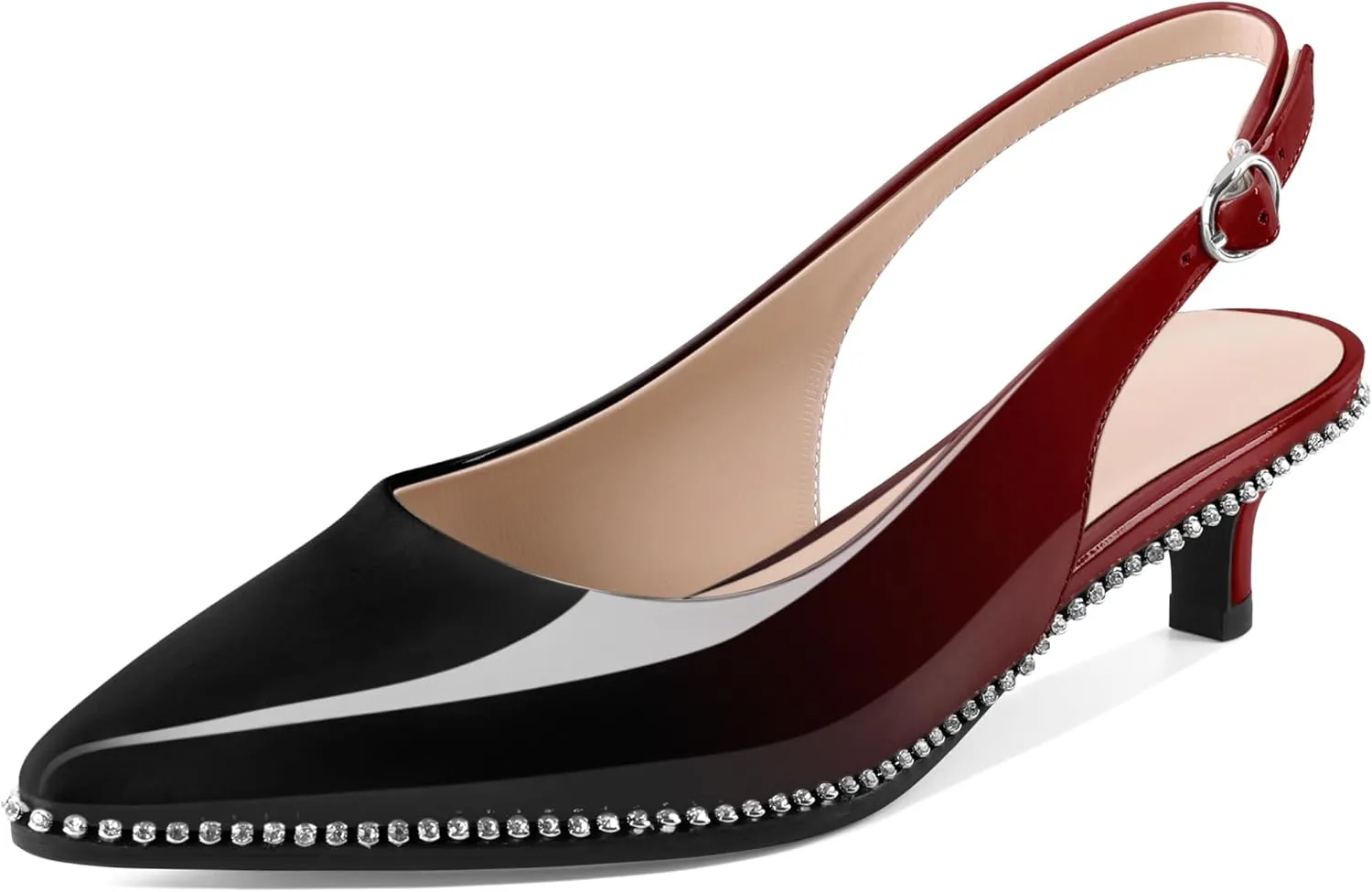 Slingback Low Heels Women Kitten Heel Rhinestones Beaded Pumps Closed Pointd Toe Shoes Slip On Event Party 1.5 Inch Dressy Sandals