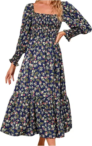 SMIDOW Bohemian Dress for Women Summer 2023 Long Sleeve Square Neck Maxi Dress Smocked Ruffle Flowy Chiffon Beach Sundress