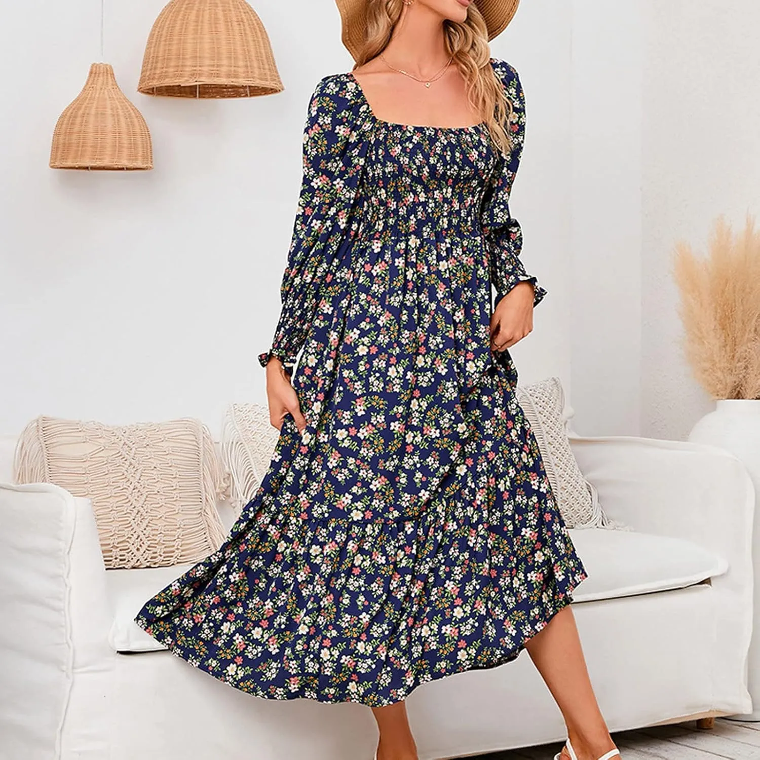 SMIDOW Bohemian Dress for Women Summer 2023 Long Sleeve Square Neck Maxi Dress Smocked Ruffle Flowy Chiffon Beach Sundress