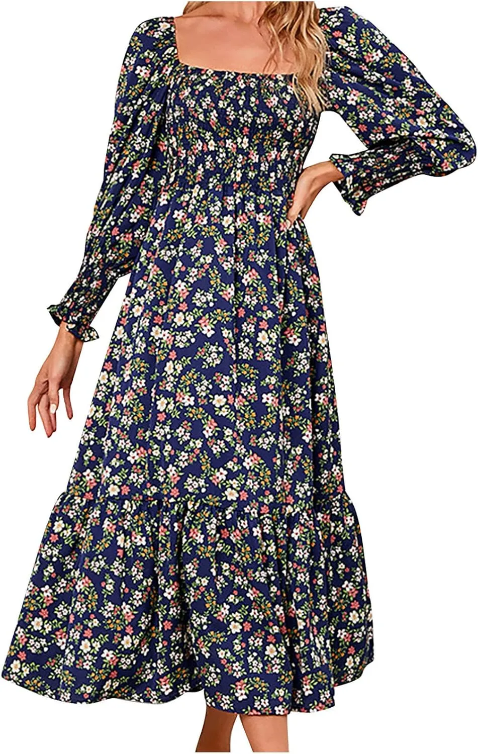 SMIDOW Bohemian Dress for Women Summer 2023 Long Sleeve Square Neck Maxi Dress Smocked Ruffle Flowy Chiffon Beach Sundress