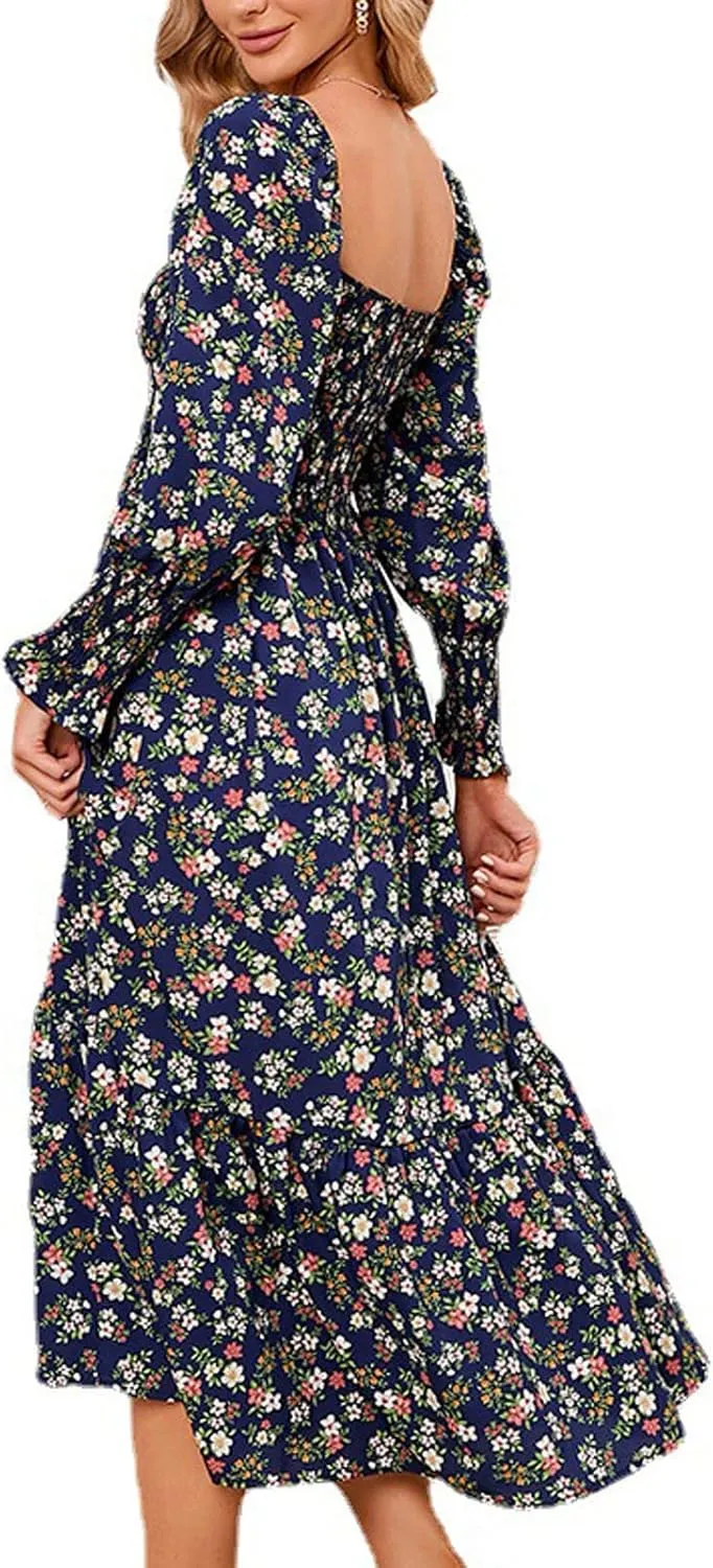 SMIDOW Bohemian Dress for Women Summer 2023 Long Sleeve Square Neck Maxi Dress Smocked Ruffle Flowy Chiffon Beach Sundress