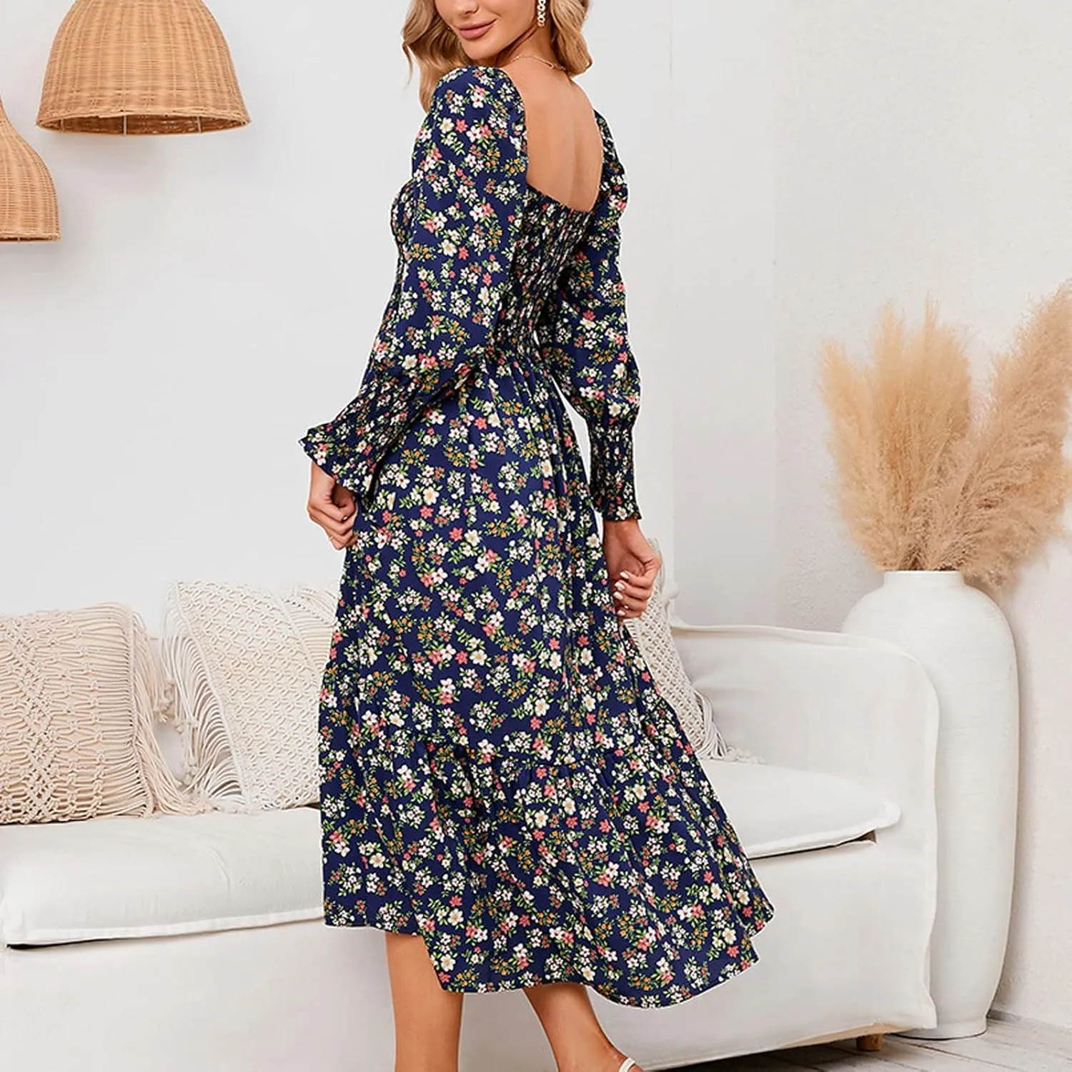 SMIDOW Bohemian Dress for Women Summer 2023 Long Sleeve Square Neck Maxi Dress Smocked Ruffle Flowy Chiffon Beach Sundress