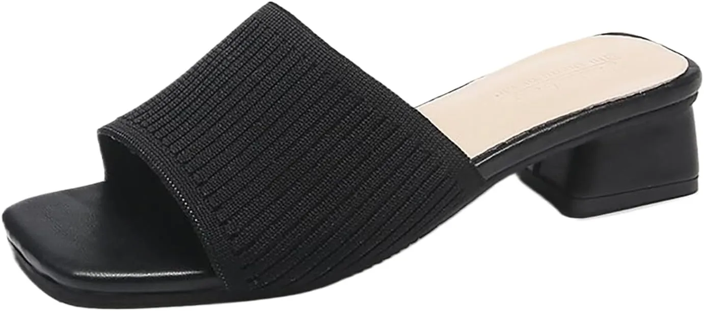 Smoneyful Womens Breathable Sandals Chunky Square Toe Open Toe Heeled Mule Block Heels Knit Slip Chunky Square Heels Slides Sandals