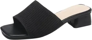 Smoneyful Womens Breathable Sandals Chunky Square Toe Open Toe Heeled Mule Block Heels Knit Slip Chunky Square Heels Slides Sandals