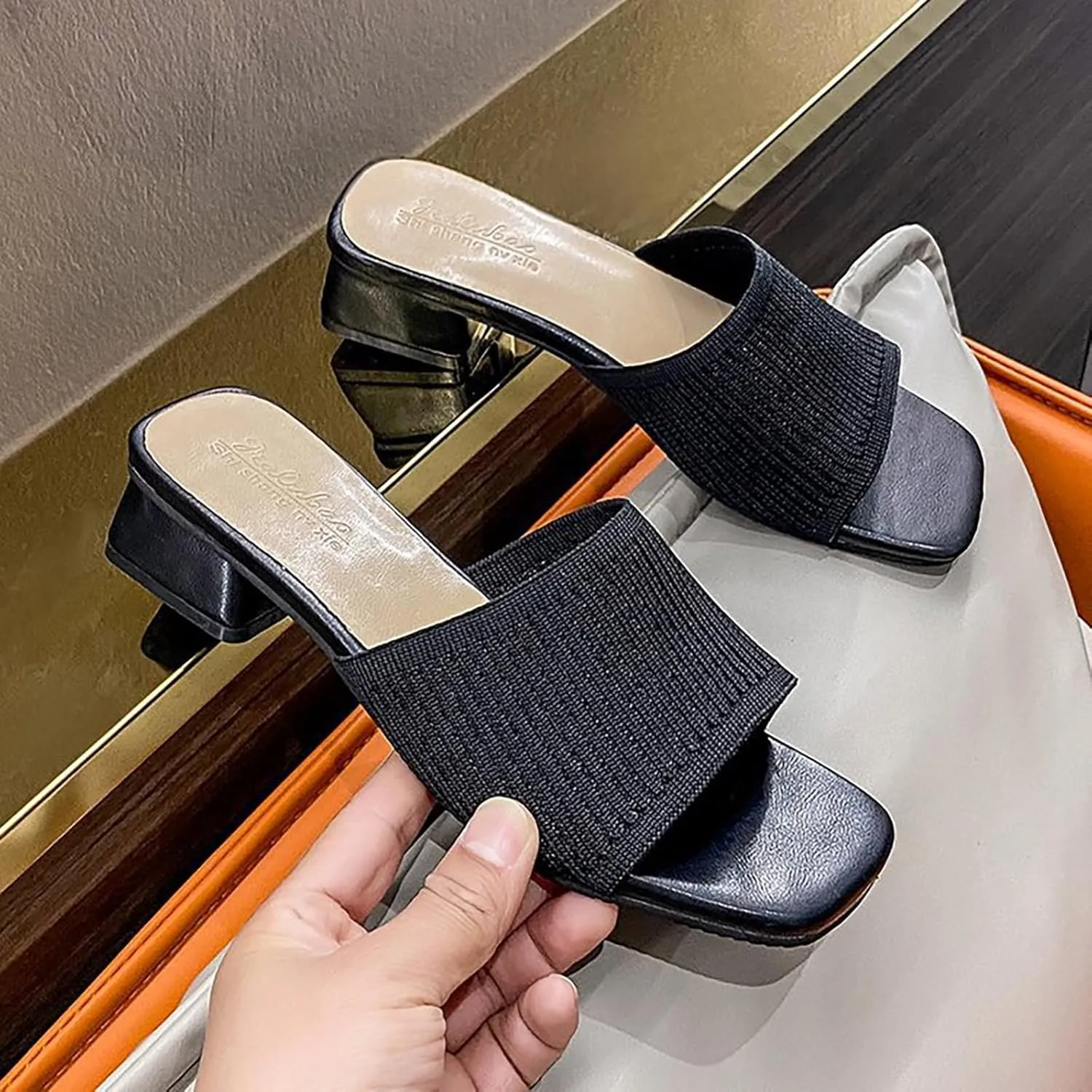 Smoneyful Womens Breathable Sandals Chunky Square Toe Open Toe Heeled Mule Block Heels Knit Slip Chunky Square Heels Slides Sandals