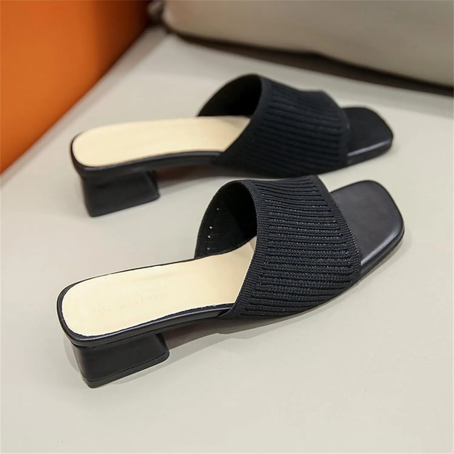 Smoneyful Womens Breathable Sandals Chunky Square Toe Open Toe Heeled Mule Block Heels Knit Slip Chunky Square Heels Slides Sandals