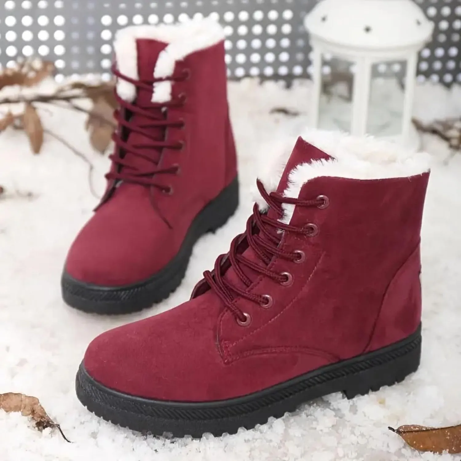 Snow Boots For Women Waterproof Platform Boots for Women Chunky Heel Warm Round Toe Lace Up Flat Short Snow Boots