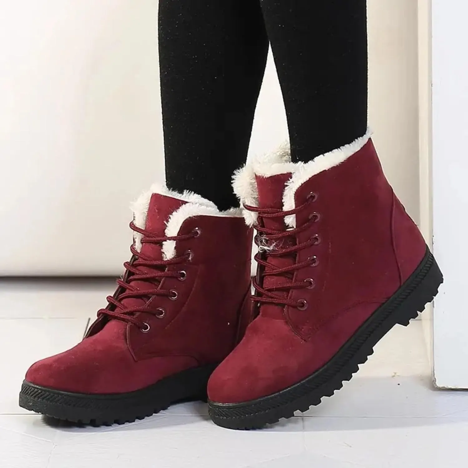 Snow Boots For Women Waterproof Platform Boots for Women Chunky Heel Warm Round Toe Lace Up Flat Short Snow Boots