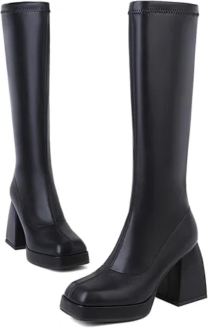 SO SIMPOK Knee High Boots Women,Platform Gogo Boots,Chunky Block Heel Stretchy Square Toe Tall Boots.