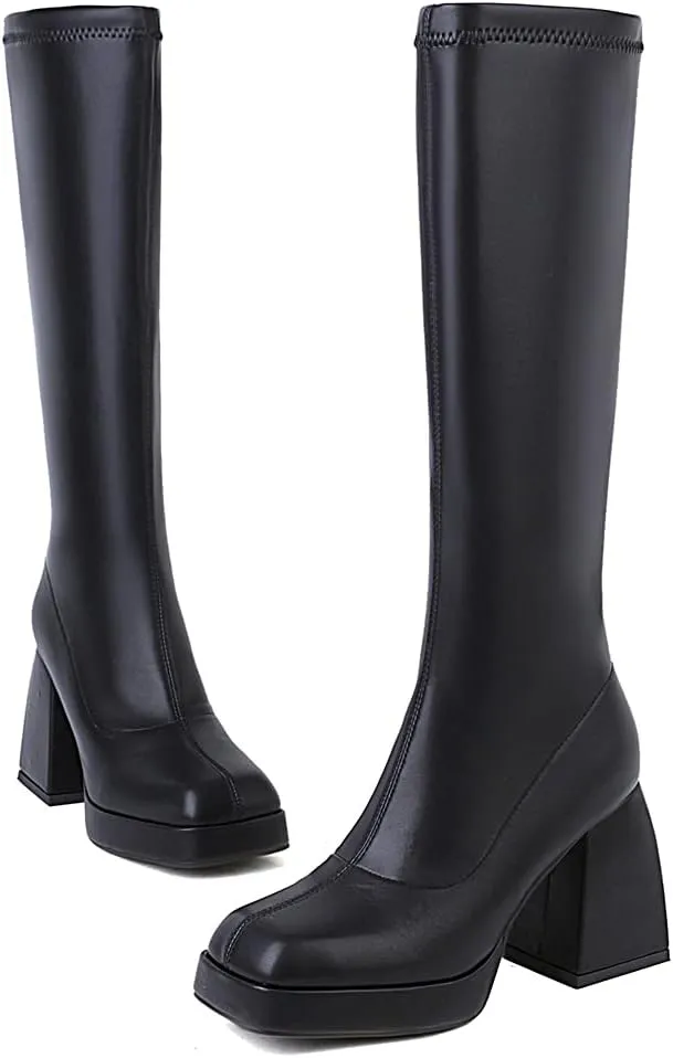 SO SIMPOK Knee High Boots Women,Platform Gogo Boots,Chunky Block Heel Stretchy Square Toe Tall Boots.