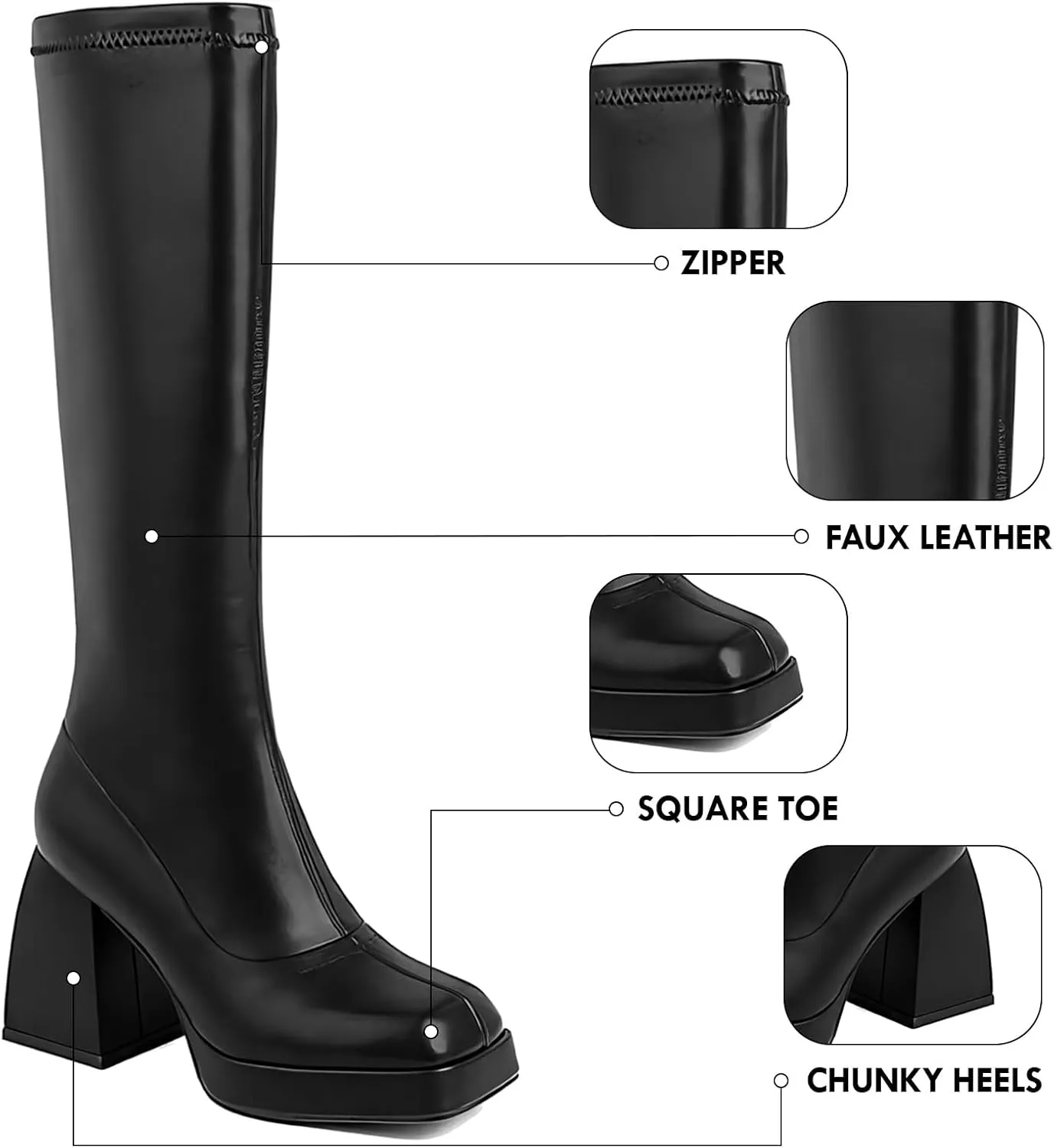 SO SIMPOK Knee High Boots Women,Platform Gogo Boots,Chunky Block Heel Stretchy Square Toe Tall Boots.