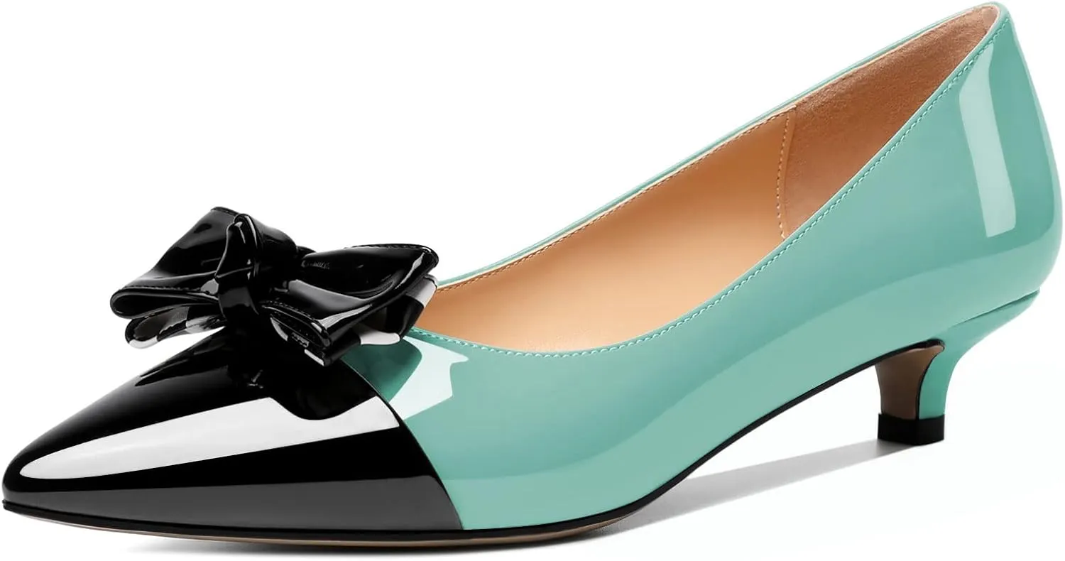 Soireelady Kitten Heels for Women Pointed Toe Low Heel Pumps Slip on Bow Heels 1.5 Inches Two Toned Evening Bride Wedding Party Dress Shoes