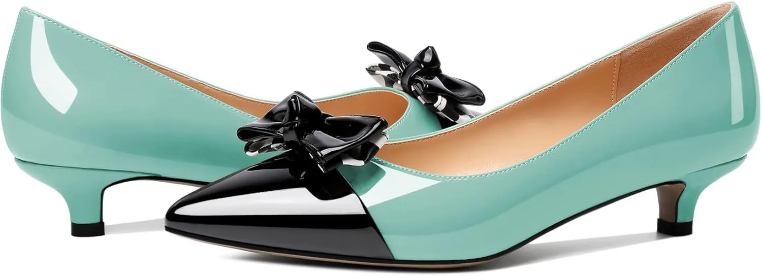Soireelady Kitten Heels for Women Pointed Toe Low Heel Pumps Slip on Bow Heels 1.5 Inches Two Toned Evening Bride Wedding Party Dress Shoes
