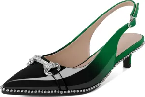 Soireelady Womens Slingback Kitten Heels Low Heel Rhinestones Beaded Pumps Closed Pointed Toe Slip On Party Fashion Dress Shoes 1.5 Inches