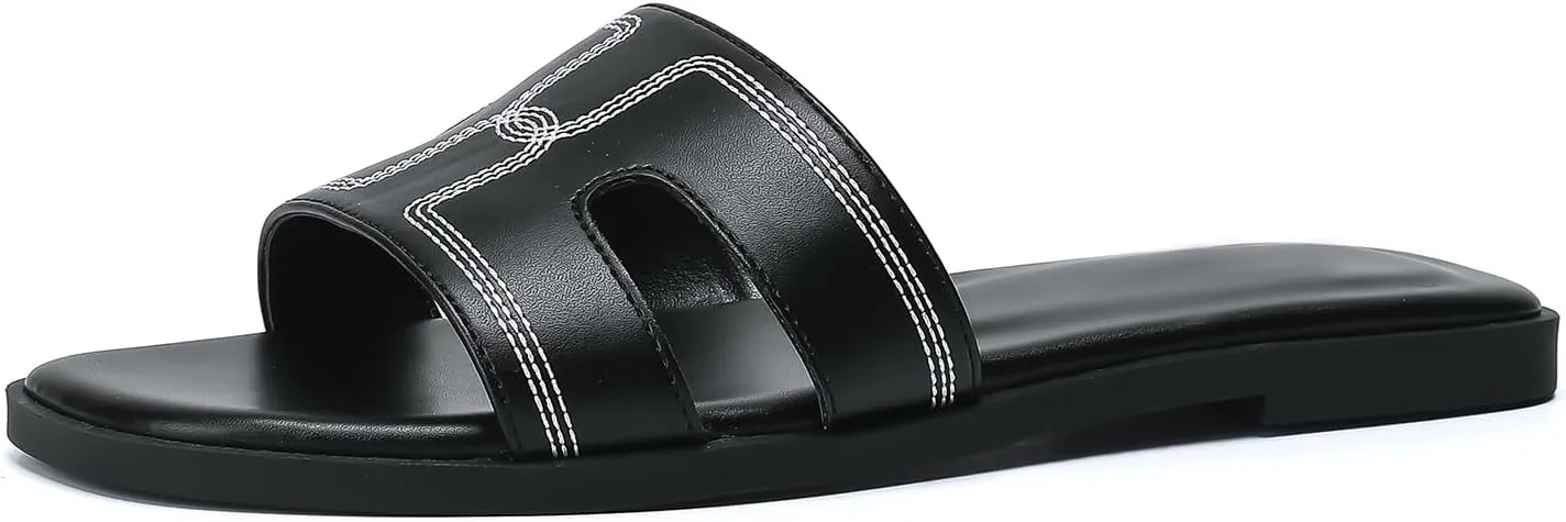 Stratuxx Kaze Womens Flat Sandals Dressy Summer Slide Leather Sandals Comfortable Cute Black Summer Slides for Women