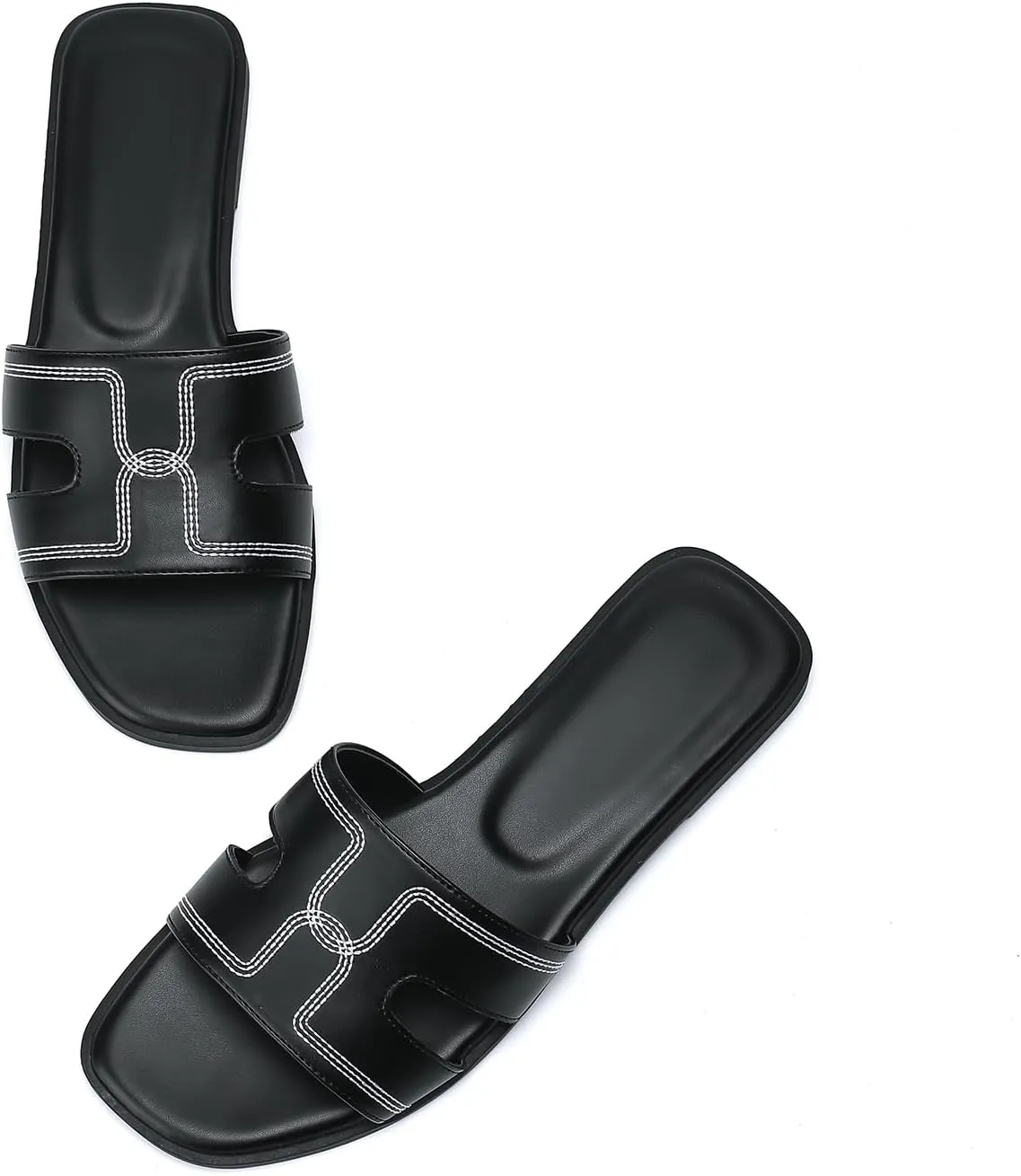 Stratuxx Kaze Womens Flat Sandals Dressy Summer Slide Leather Sandals Comfortable Cute Black Summer Slides for Women