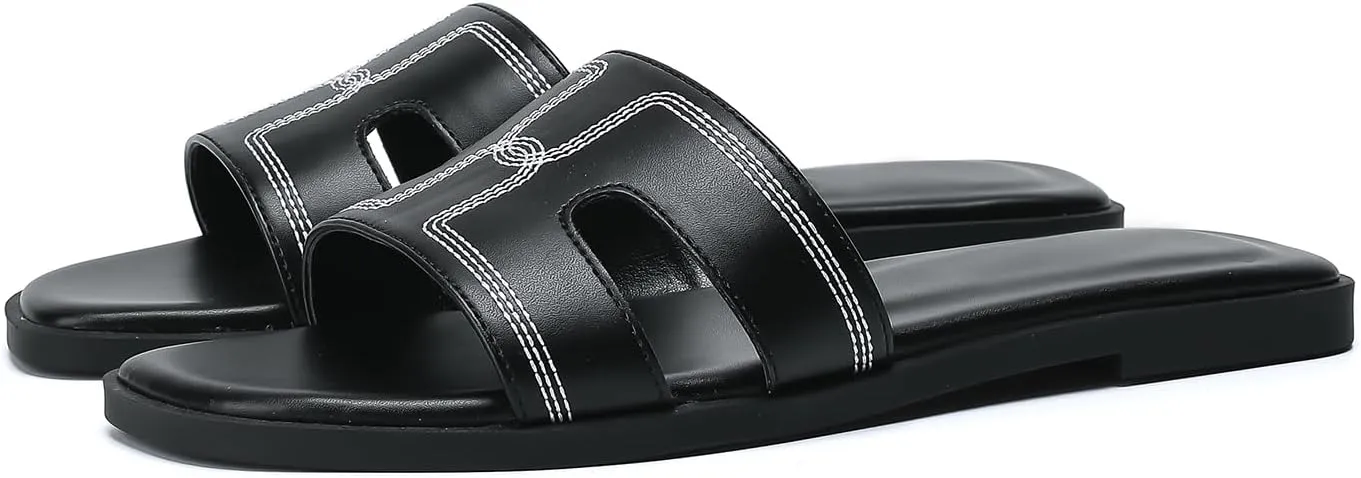 Stratuxx Kaze Womens Flat Sandals Dressy Summer Slide Leather Sandals Comfortable Cute Black Summer Slides for Women