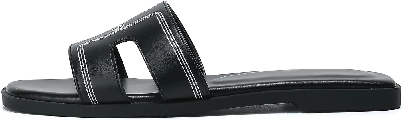 Stratuxx Kaze Womens Flat Sandals Dressy Summer Slide Leather Sandals Comfortable Cute Black Summer Slides for Women