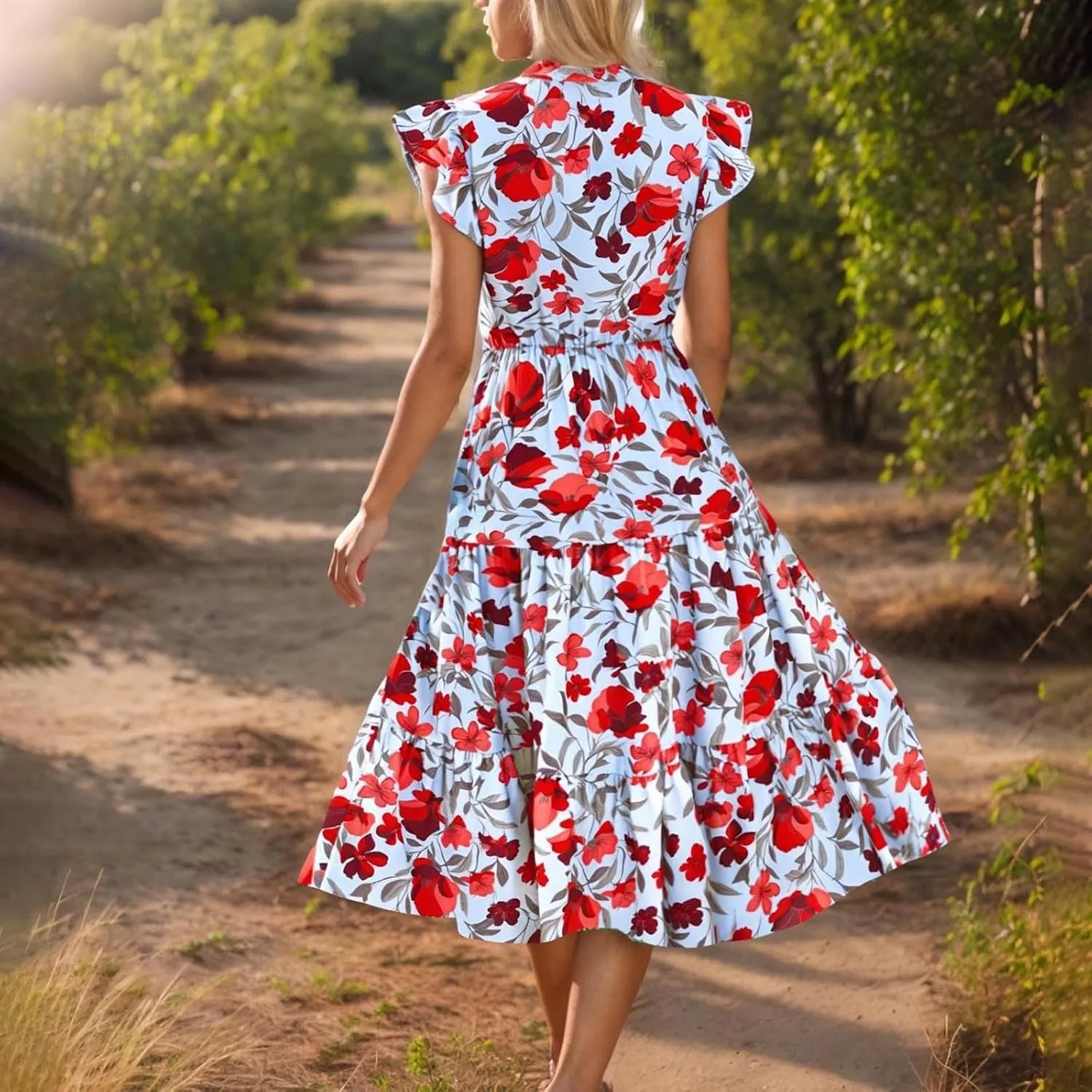 Summer Boho Floral Dresses for Women Casual V Neck Ruffle Sleeveless Sundresses Party Dress Beach Coverup Dresses