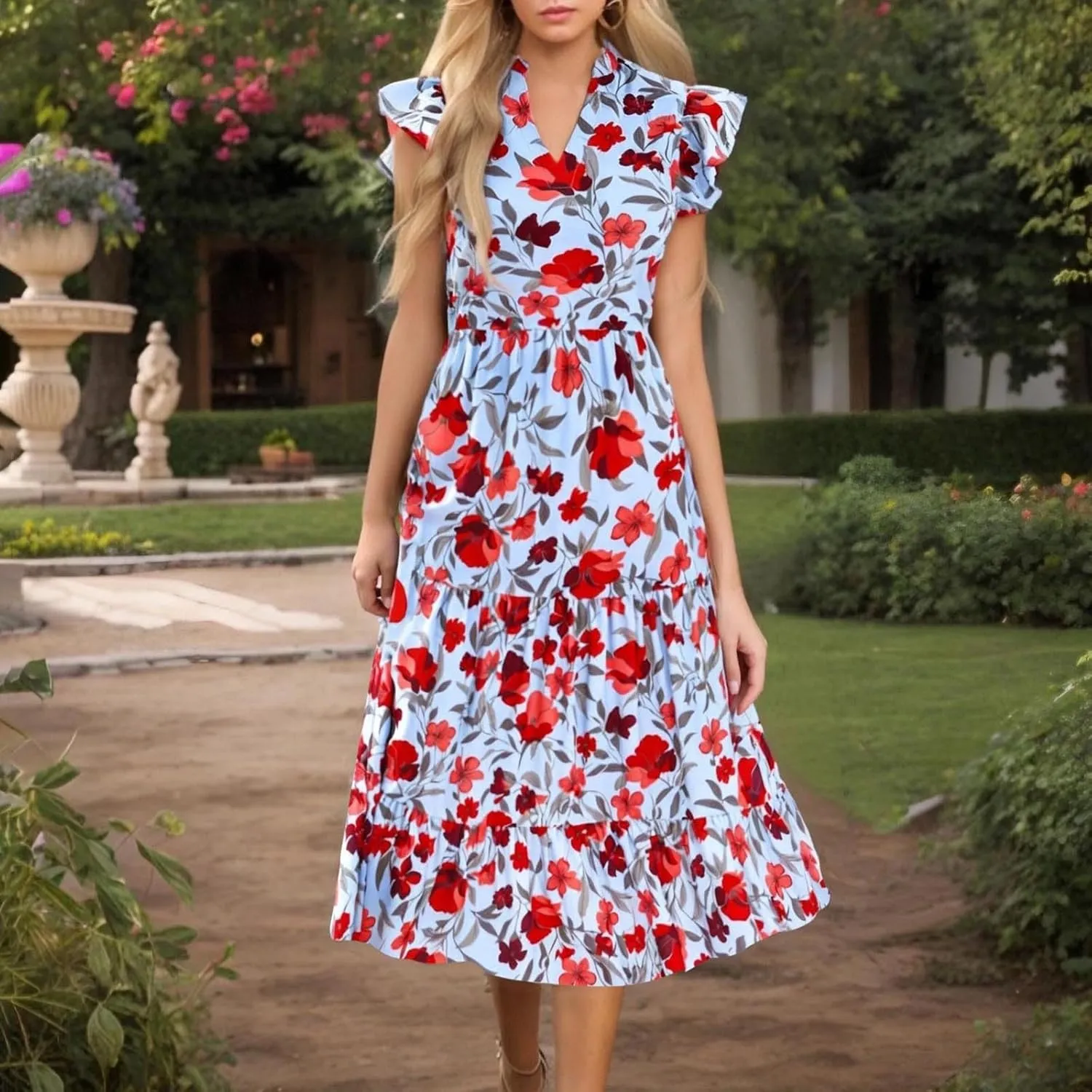 Summer Boho Floral Dresses for Women Casual V Neck Ruffle Sleeveless Sundresses Party Dress Beach Coverup Dresses