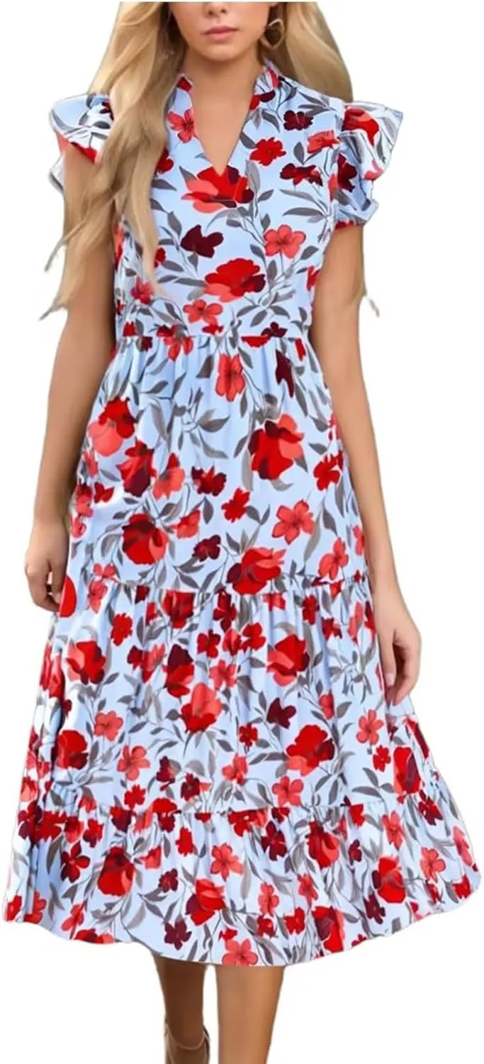 Summer Boho Floral Dresses for Women Casual V Neck Ruffle Sleeveless Sundresses Party Dress Beach Coverup Dresses