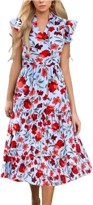Summer Boho Floral Dresses for Women Casual V Neck Ruffle Sleeveless Sundresses Party Dress Beach Coverup Dresses