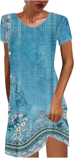 Summer Dresses for Women Boho Floral Print T-Shirts Dress Short Sleeve Sundresses Vintage Loose Tank Dresses