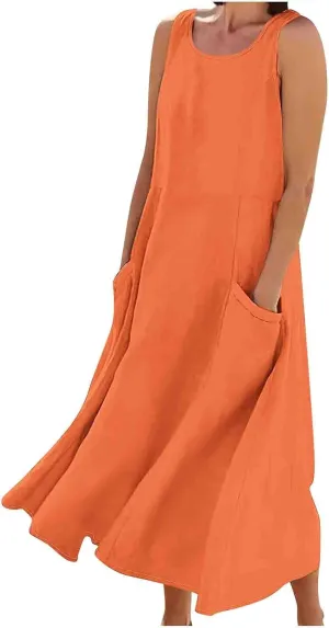 Summer Dresses for Womens Cotton Linen Sleeveless Maxi Dresses Casual Sun Dress Comfy Summer Beach Outfits with Pocket