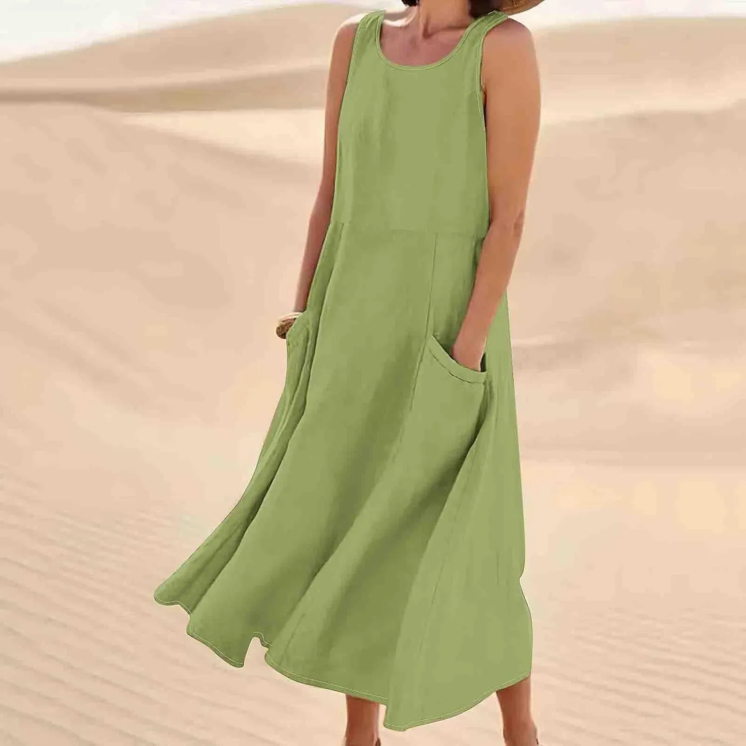 Summer Dresses for Womens Cotton Linen Sleeveless Maxi Dresses Casual Sun Dress Comfy Summer Beach Outfits with Pocket