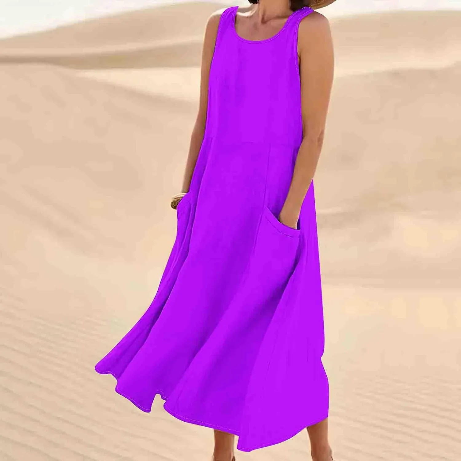 Summer Dresses for Womens Cotton Linen Sleeveless Maxi Dresses Casual Sun Dress Comfy Summer Beach Outfits with Pocket
