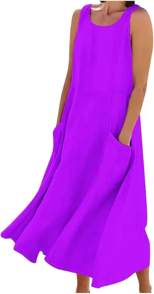 Summer Dresses for Womens Cotton Linen Sleeveless Maxi Dresses Casual Sun Dress Comfy Summer Beach Outfits with Pocket