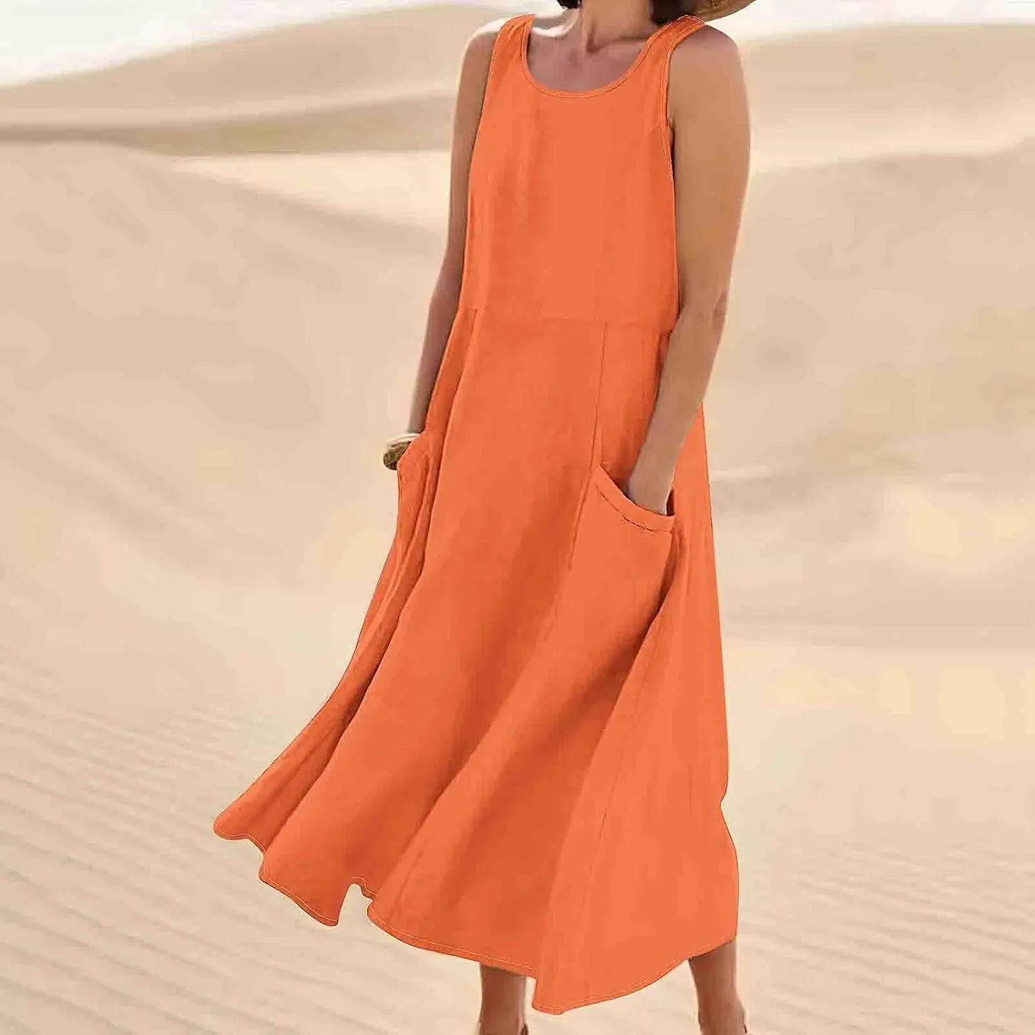 Summer Dresses for Womens Cotton Linen Sleeveless Maxi Dresses Casual Sun Dress Comfy Summer Beach Outfits with Pocket
