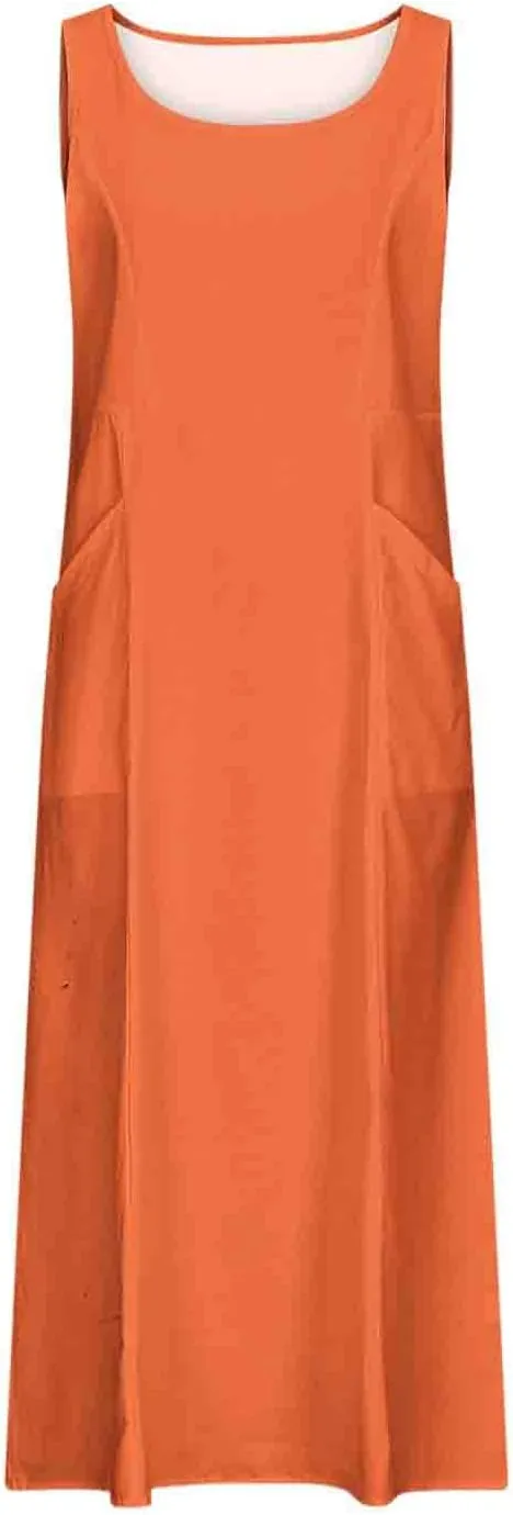 Summer Dresses for Womens Cotton Linen Sleeveless Maxi Dresses Casual Sun Dress Comfy Summer Beach Outfits with Pocket