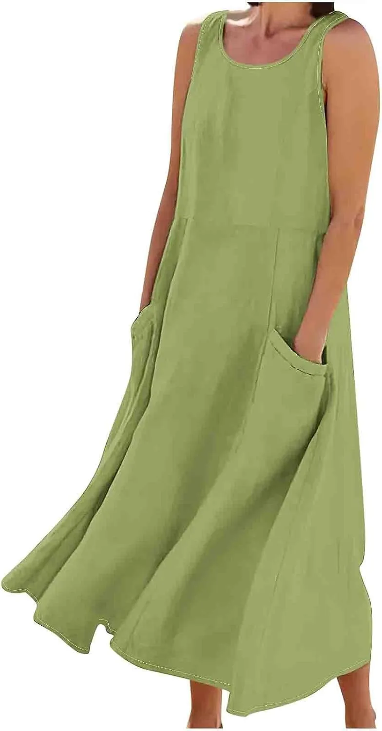 Summer Dresses for Womens Cotton Linen Sleeveless Maxi Dresses Casual Sun Dress Comfy Summer Beach Outfits with Pocket