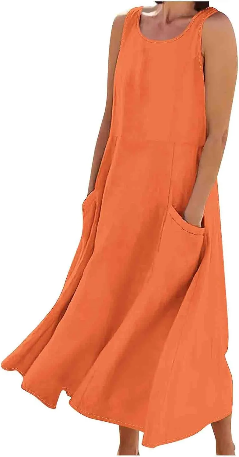 Summer Dresses for Womens Cotton Linen Sleeveless Maxi Dresses Casual Sun Dress Comfy Summer Beach Outfits with Pocket
